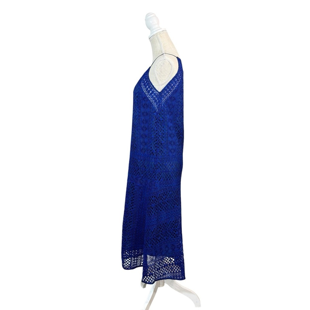 VINCE SLEEVELESS CROCHET LACE SILK LINED  MIDI DRESS SZ 4 BLUE Classy City - Picture 2 of 15